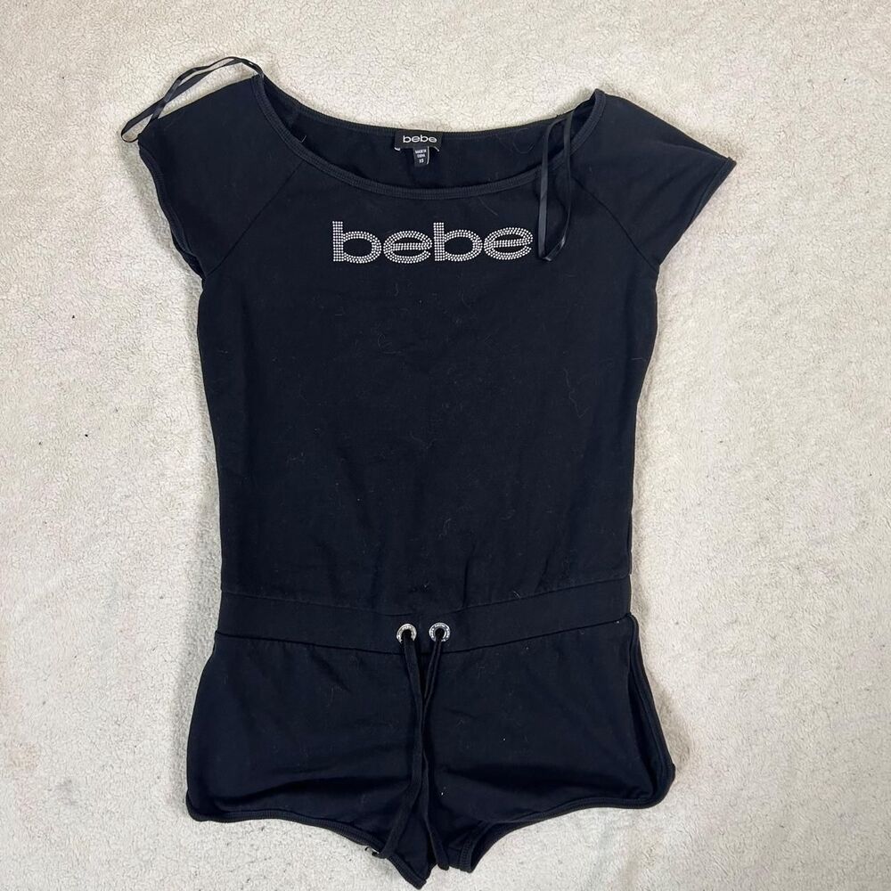 Bebe Y2K Short Sleeve Romper with Silver Rhinestone Logo